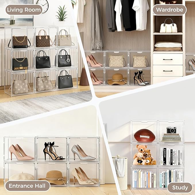 6Pack Purse Organizer for Closet Clear Acrylic Display Case Handbag Storage Organizer Box with Magnetic Door Stackable Storage Bins with Dustproof Lid for Book Toys Shoes Cosmetic Collectibles