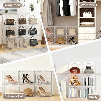 6Pack Purse Organizer for Closet Clear Acrylic Display Case Handbag Storage Organizer Box with Magnetic Door Stackable Storage Bins with Dustproof Lid for Book Toys Shoes Cosmetic Collectibles