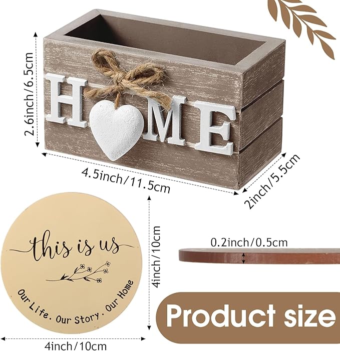 Queekay Coasters Set of 6 House Warming Gifts New Home Wooden Farmhouse Drink Coasters with Holder 4'' Funny Decoration for Kitchen Family Coffee Bar Tabletop Protection(Brown)