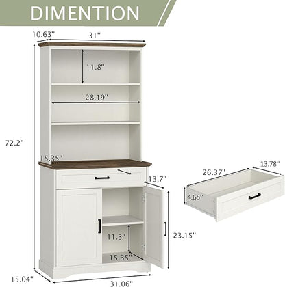 White Bookshelf with Drawers , 5-shelf Tall Bookcase with Doors, 15" Multi Depth Storage Cabinet with Adjustable Shelves, Large Bookcases for Home Office, Living Room & Bedroom, Large Storage Cabinet