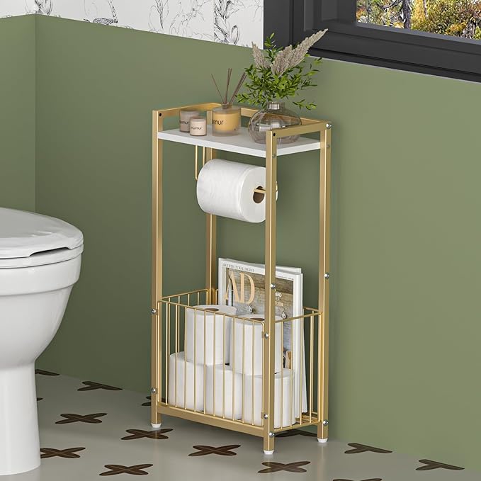 Freestanding Toilet Paper Holder with Storage Shelf – Bathroom Tissue Stand with Space for Phone, Rolls, and Magazines – All-in-One Toilet Roll Dispenser and Organizer (Gold)