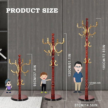 Coat Racks Free Standing with 14 Hooks, Natural Wood Coat Rack with Solid Round Base, Adjustable Height Coat Racks, Easy Assembly for Hallway, Bedroom and Office (Begonia color)