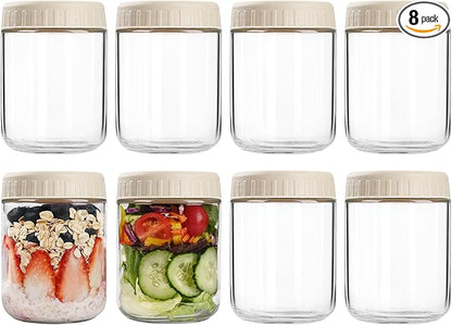 SHOWIN Overnight Oats Containers with Lids, 16oz Glass Jars with Lids 8 pcs, Apricot, Wide Mouth Mason jars for Salad, Yogurt, Snacks, Meal Prep
