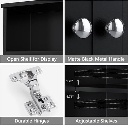 Over The Toilet Storage Cabinet, Over The Toilet Storage with Adjustable Shelf and Double Doors, Above Toilet Storage Cabinet for Bathroom Storage Over Toilet Bathroom Organizer (Black)