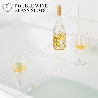 32" Supreme Plus- Luxury Bathtub Caddy - 3/8" Thick, Clear Bath Tub Tray Table for 1 or 2 Bathers, Acrylic Bath Tray Bathtub Caddy- Book, iPad and 2 Wine Glass Holders (32")