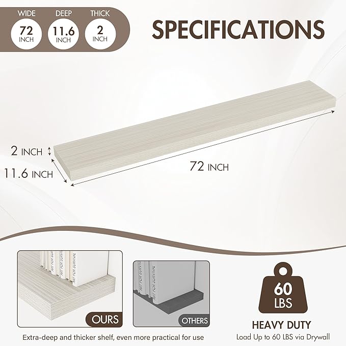 Acovy 72 Inch Floating Shelves, 12" Deep Floating Shelf Wall Mounted, 72" Wall Shelves, Rustic Deep Bookshelf, Extra Deeper & Thicker Display Shelves for Bedroom, Living Room, Gray, Set of 1