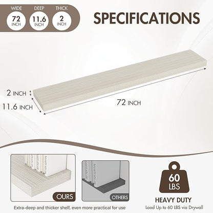 Acovy 72 Inch Floating Shelves, 12" Deep Floating Shelf Wall Mounted, 72" Wall Shelves, Rustic Deep Bookshelf, Extra Deeper & Thicker Display Shelves for Bedroom, Living Room, Gray, Set of 1