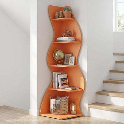 Arvolia 70 Inch Corner Bookshelf, Modern 5-Tier Small Bookshelf with Unique Curved Design, Freestanding Vertical Storage Shelf for Living Room, Bedroom or Home Office(Orange)