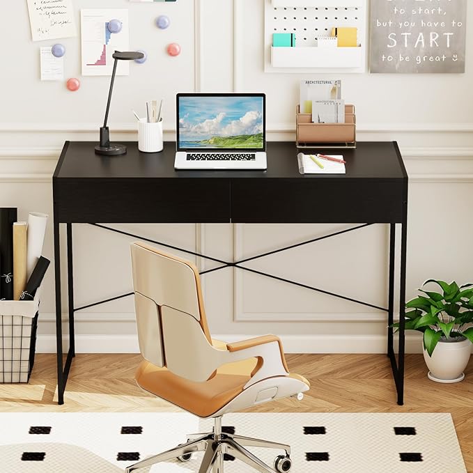 GOFLAME Modern 2-Drawer Computer Desk, Home Office Desk w/Reinforced Heavy-Duty Metal Frame, Versatile Study Writing Desk w/Anti-Tip Kit, Ideal for Bedroom, Study, Office, Small Spaces, Black