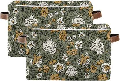 Beautiful Flowers Storage Baskets with Handles Fabric Foldable Baskets for Home Organizer Closet Bedroom Bathroom Office (1-Pack)