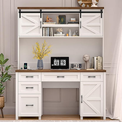 Farmhouse 67" H Executive Desk with Hutch,Office Desks with 5 Drawers, Computer Desk with Storage Cabinet & File Drawers and Charging Station, Wood Workstation for Home Office,Study.(Unique White).
