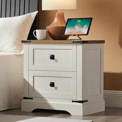 T4TREAM 24" Farmhouse Nightstand with Charging Station, Large End Table with 2 Storage Drawers, Rustic Wood Sofa Bedside Table for Bedroom, Antique White