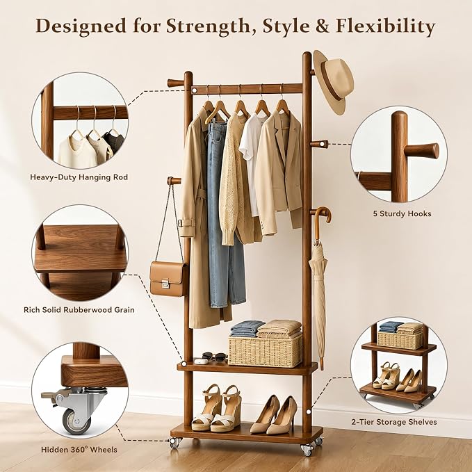 Taitiy Coat Rack Freestanding Clothing Rack with Wheels & 2 Shelves Storage & 5 Hooks Heavy Duty Clothes Rack Wood Coat Tree Stand Hat Hanger Rack for Corner Bedroom Entryway Living Room Hotel Size L