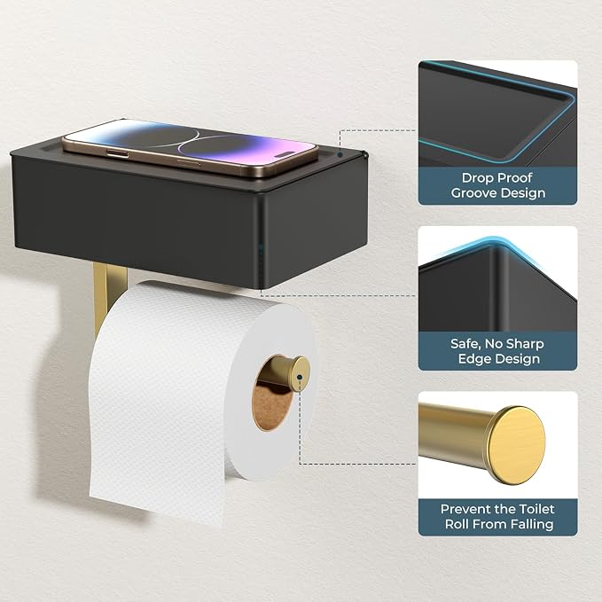 FORIOUS Toilet Paper Holder with Shelf, SUS304 Stainless Steel Wall Mount Toilet Paper Roll Holder, Flushable Wipes Dispenser Fits for Bathroom Wipe Storage, Bathroom Organizer (Black & Gold)