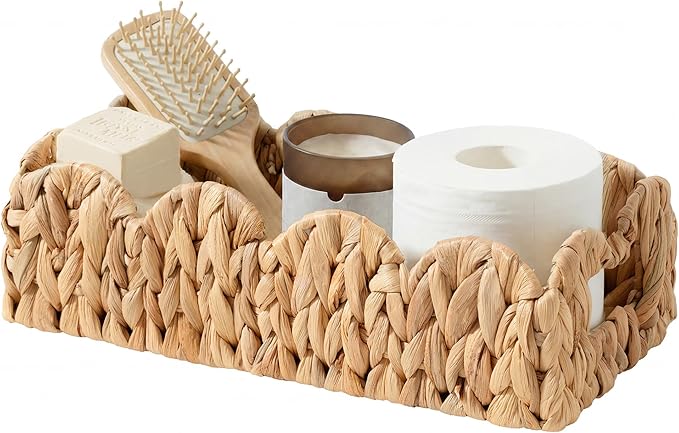 StorageWorks Small Wicker Scalloped Baskets for Bathroom Decor, Water Hyacinth Bathroom Baskets for Storage, Decorative Toilet Paper Basket for Back of Toilet Basket Tank Topper with Handles