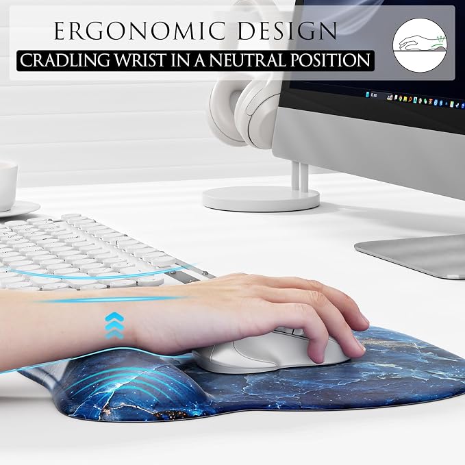 MROCO Ergonomic Mouse Pad with Gel Wrist Rest, 9.4 x 8.1 in, Ocean Marble | Ergonomic Shape Design, Multiple Pattern Options, Gel Wrist Comfort, Smooth Lycra Surface, Non-Slip PU Base
