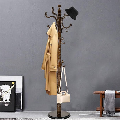 Coat Racks FreeStanding with 14 Hooks, Natural Wood Coat Rack with Solid Round Base, Adjustable Height Coat Racks, Easy Assembly for Hallway, Bedroom and Office (Antique)