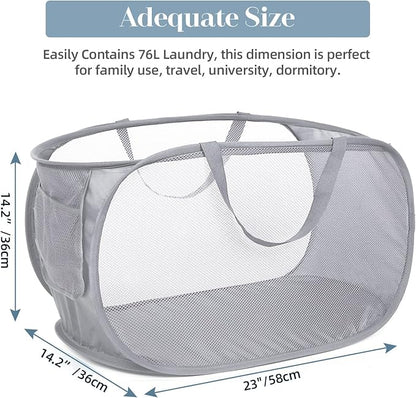 3 Pack Collapsible Laundry Baskets, Foldable Laundry Basket with Pocket, Mesh Pop Up Hampers, Reinforced Handles Dirty Clothes Hamper for Laundry, Bedroom, Bathroom, Dorm, Travel or Camping Grey