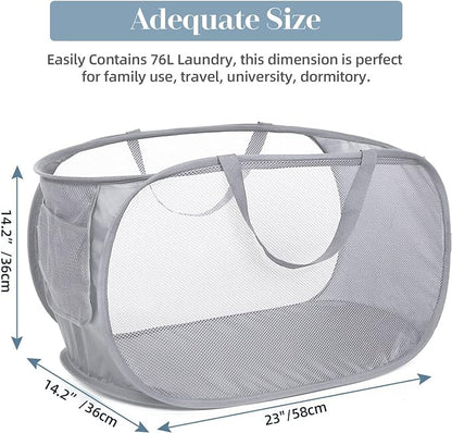 Durable Collapsible Laundry Baskets, Mesh Pop Up Laundry Hamper with Side Pocket, Foldable Clothes Hamper with Reinforced Carry Handles for Laundry, Bathroom, Kids Room, Dorm or Travel 2 Pack Grey