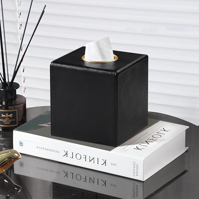 MEIBOOCH Square Tissue Box Cover, Luxury PU Leather Tissue Holder with Magnetic Closure (Black)