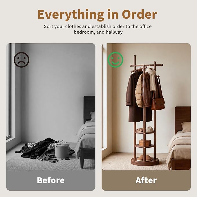 Coat Rack Freestanding, Solid Wood Coat Tree with 6 Hooks and 3 Storage Shelves for Bedroom, Entryway Living Room, Office, Corner Hanger Stand for Purse, Bag, Jacket, Hat