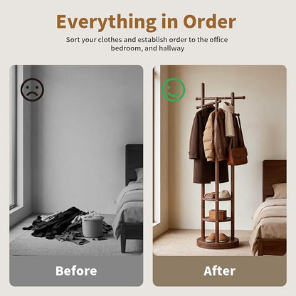 Coat Rack Freestanding, Solid Wood Coat Tree with 6 Hooks and 3 Storage Shelves for Bedroom, Entryway Living Room, Office, Corner Hanger Stand for Purse, Bag, Jacket, Hat