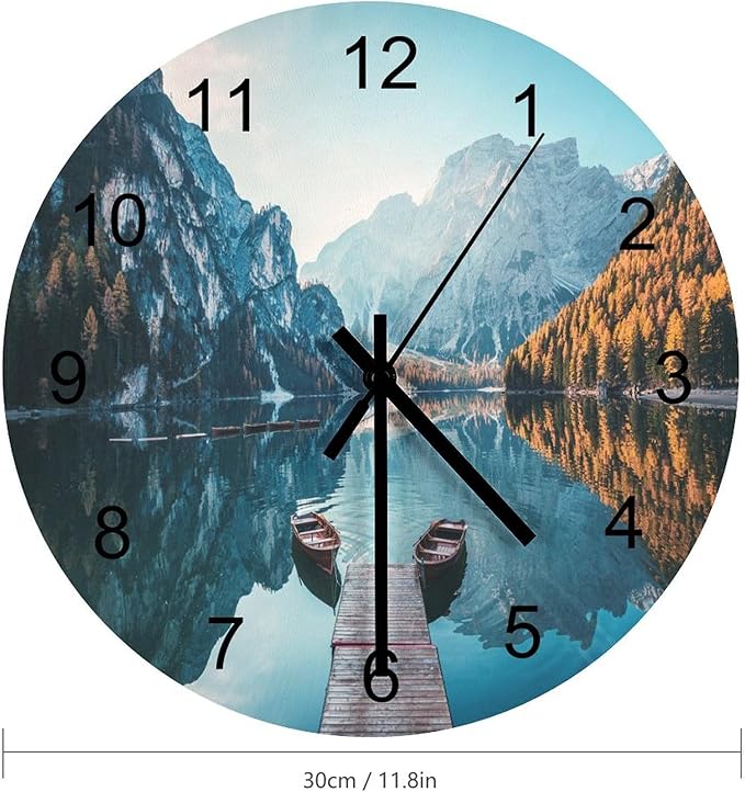 Scenic Nature Wall Clock, Natural Mountain Lake Boat Woodland Autumn Tree Landscape Wall Clocks Battery Operated Silent Non Ticking Round Wooden Clocks for Kitchen Bathroom Living Room 12 Inch