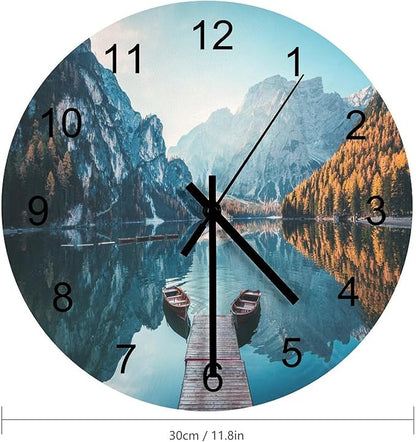 Scenic Nature Wall Clock, Natural Mountain Lake Boat Woodland Autumn Tree Landscape Wall Clocks Battery Operated Silent Non Ticking Round Wooden Clocks for Kitchen Bathroom Living Room 12 Inch