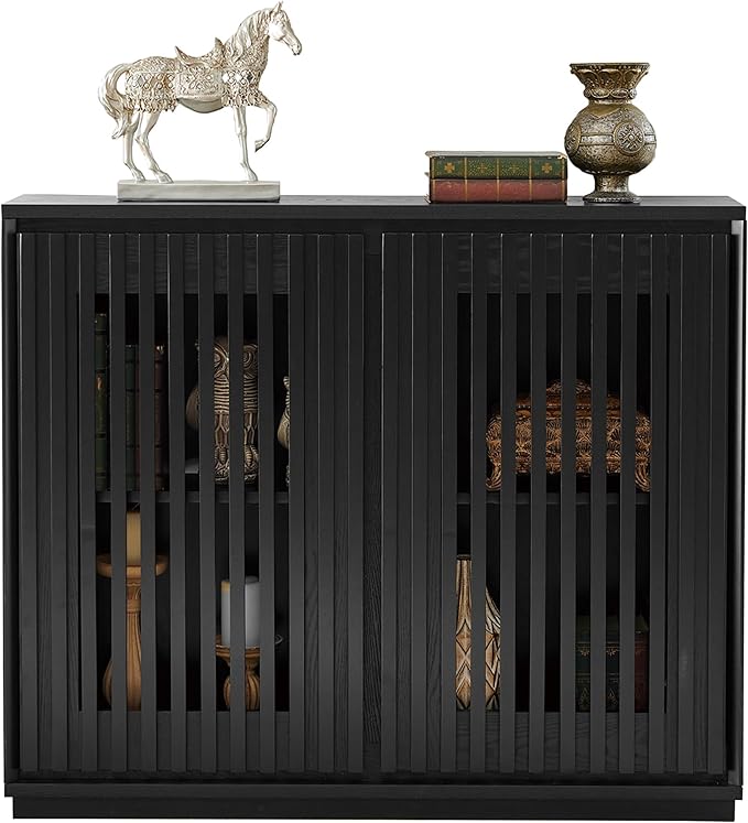 LKTART Buffet Cabinet Sideboard with Storage, Mid Century Modern Accent Credenza Cabinet with Doors & Shelves, Wood Coffee Bar Console Table for Dining Room,Kitchen,Entryway-Black