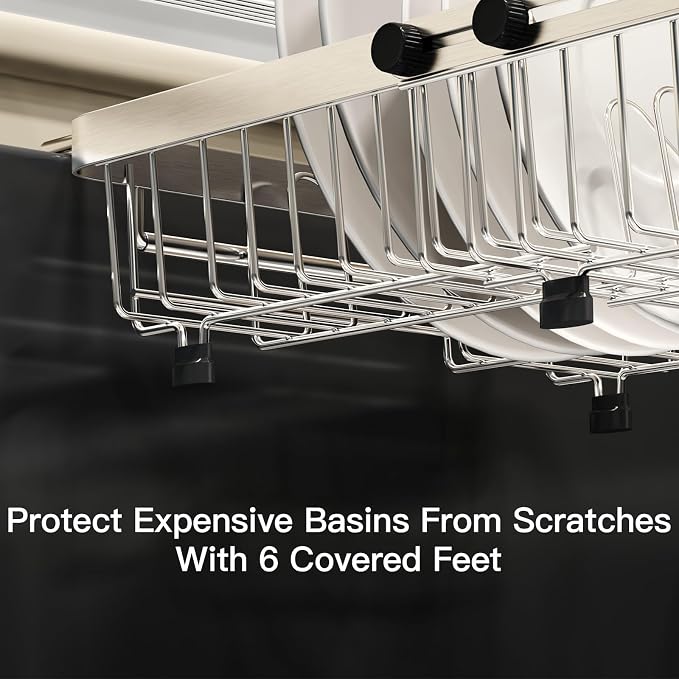 MAJALiS Dish Drying Rack Over The Sink, Expandable Stainless Steel Dish Drainer for Small Kitchen Counter Space Saving, RV Compact Plate Strainer In Silver Metal with Hanging Adjustable Utensil Holder