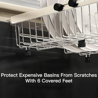 MAJALiS Dish Drying Rack Over The Sink, Expandable Stainless Steel Dish Drainer for Small Kitchen Counter Space Saving, RV Compact Plate Strainer In Silver Metal with Hanging Adjustable Utensil Holder