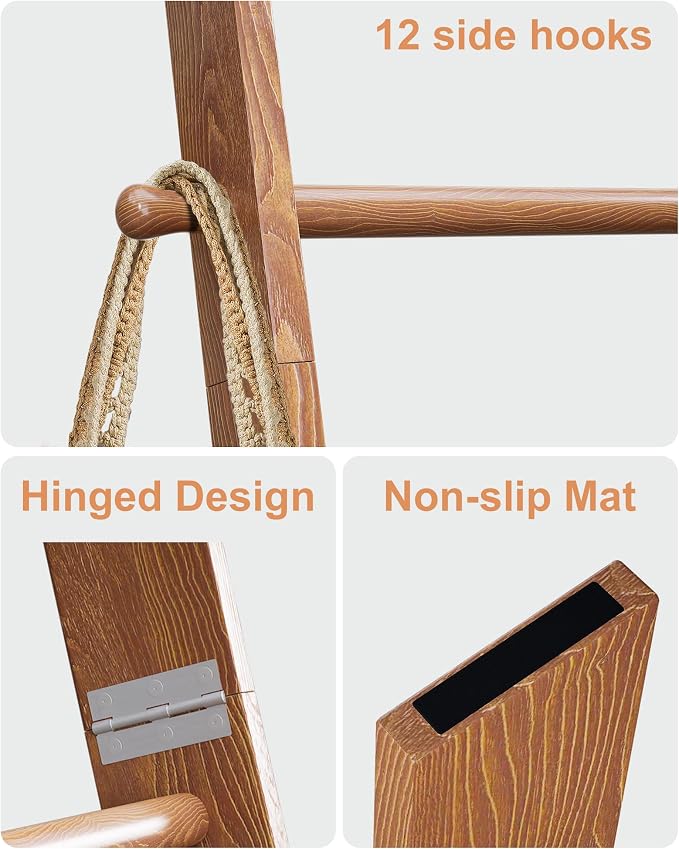 TEAKMAMA 6-Tier Blanket Ladder with Hanging Knobs,5.5 Ft Wall Leaning Blanket Ladders for Living Room Bedroom,Rustic Decorative Storage for Quilts,Throws,Easy to Assemble,Honey Brown