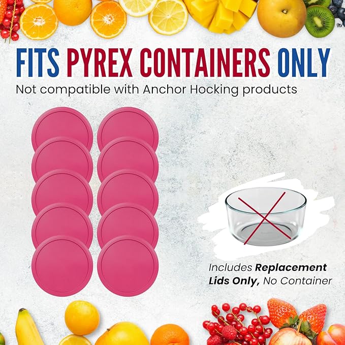 Replacement Lids fits Pyrex 4-Cup Glass Food Storage Container Bowls, 6-Inch Plastic Round Lids Covers for Pyrex 7201-PC, Airtight & Leakproof (10-Pack, Fuchsia)