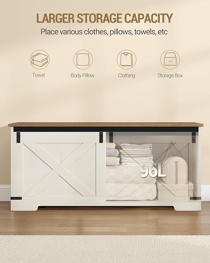 42.9" Storage Chest, Large Storage Trunk with 2 Hinges, Farmhouse Wooden Box Bench, Lift-Top Organizer Chest, Entryway Trunk for Bedroom, Living Room, White and Brown SB10914X