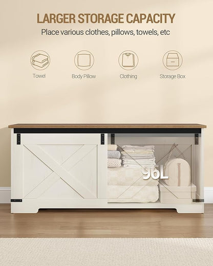 42.9" Storage Chest, Large Storage Trunk with 2 Hinges, Farmhouse Wooden Box Bench, Lift-Top Organizer Chest, Entryway Trunk for Bedroom, Living Room, White and Brown SB10914X