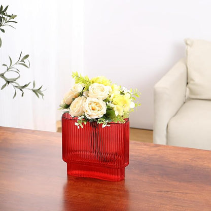 Ribbed Vase, Red Glass Vase for Flowers, Red Flower Vases for Tulips, Modern Vases for Living Room, Dining Table, Office, Bedroom, Mantle, Shelf, Wedding, 7 Inch
