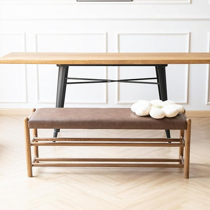 Solid Wood Entryway Bench with Shoe Storage, Rustic Oak Wood and PU Leather 45 Inch Long Seating for Living and Dining Rooms, 3-Tier Brown