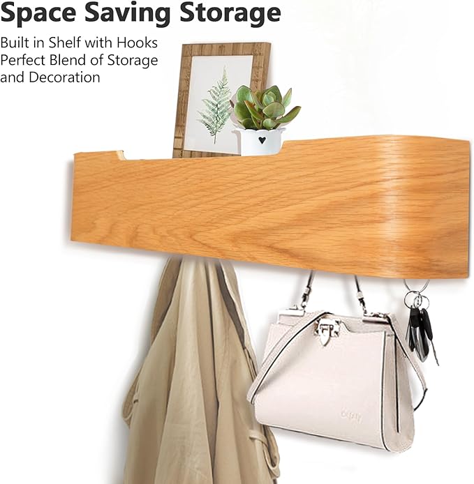 Coat Rack Wall Mount with Hidden Hooks Modern Key Holder Wood Entryway Hook with Shelf for Bedroom Kitchen Hallway Bathroom Designed for Hanging Coats Hats Bags Towels Dog Leashe(Oak,5 Hooks)