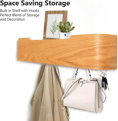 Coat Rack Wall Mount with Hidden Hooks Modern Key Holder Wood Entryway Hook with Shelf for Bedroom Kitchen Hallway Bathroom Designed for Hanging Coats Hats Bags Towels Dog Leashe(Oak,5 Hooks)