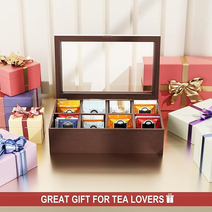 Alsonerbay Wooden Tea Box Tea Bag Holder Kitchen Storage Chest Box for Spice Pouches and Sugar Packets with 8 Compartments and Glass Window Walnut