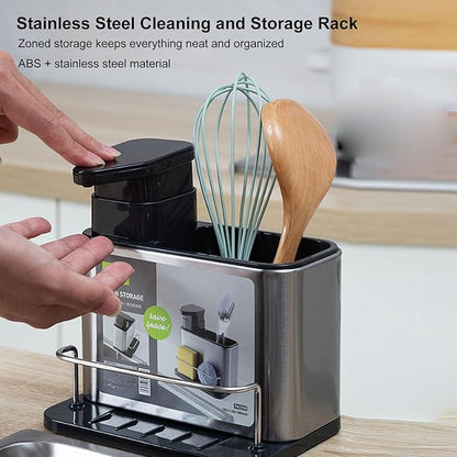 Irishom Stainless Steel Sponge Holder 3 in 1 Soap Dispenser Kitchen Sink Organizer with Drain Holes Sink Soap Pump and Holder