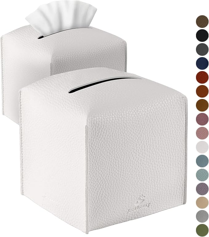 Tissue Box Cover, Jeethemy Square PU Leather Tissue Box Holder, Modern Tissue Case Facial Paper Organizer Dispenser，5X5X5'',Double White
