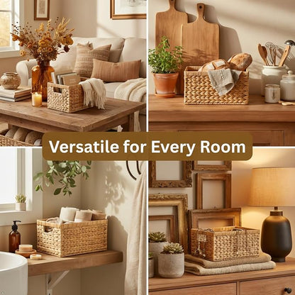 Water Hyacinth Storage Baskets Set of 2 - Medium Decorative Wicker Baskets for Organizing Shelves, Rectangular Woven Storage Bins with Handles for Pantry, Bathroom, Living Room 13"x9"x7"