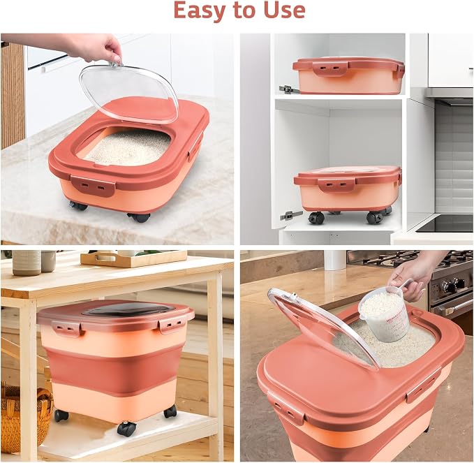 Komzon Rice Storage Containers, Collapsible 20 to 30Lbs Food Storage Bin Dispenser with Rolling Wheel and Clear Airtight Lid, BPA Free Flour, Sugar, Cereal and Dog Cat Pet food Containers