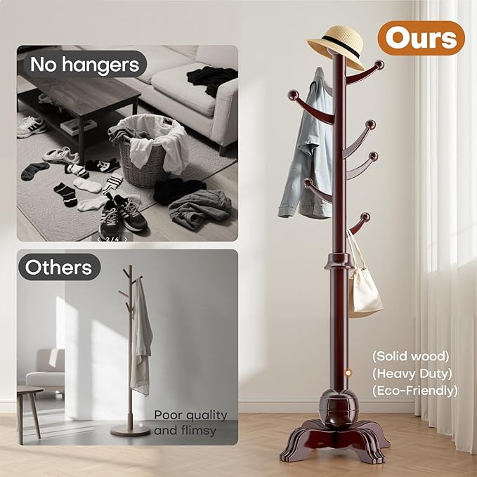 Hall Tree, Freestanding Wood Tree Rack with 7 Hooks, Coat Rack with Stable Sphere Base, Wooden Coat Rack Stand, Load 210 lb, Coat Hanger Stand for Entryway, Hallway, Bedroom (Black-Red)