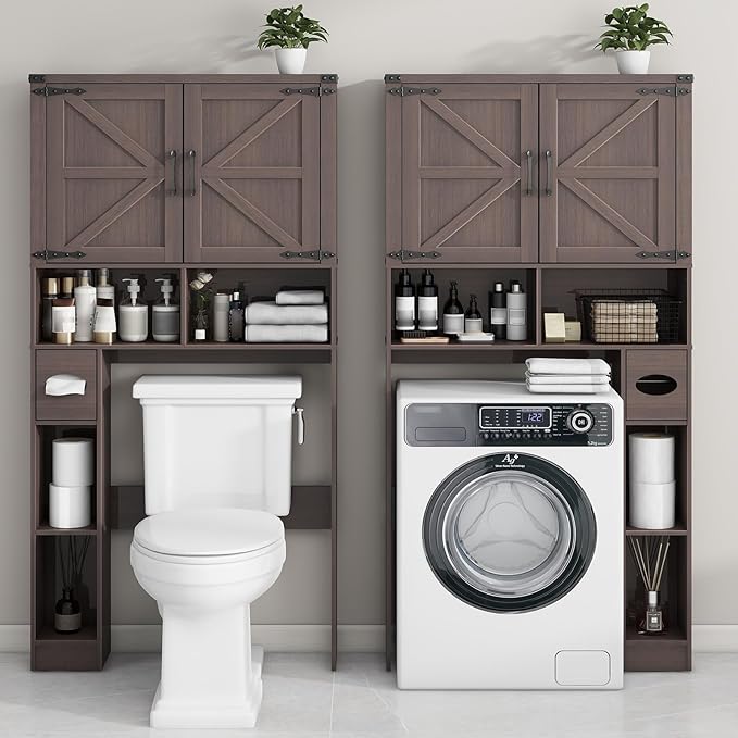 Vabches Over The Toilet Storage Cabinet, Farmhouse Storage Cabinet Over Toilet with 2 Barn Doors && Toilet Paper Holder Stand，Home Space-Saving Toilet Rack, for Laundry, Restroom, Bathroom.(Espresso)