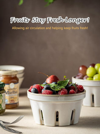 Gomakren Fruit Basket for Kitchen, Fruit Bowl with Holes, Ceramic Berry Basket Set of 2, 5.8 Inch Round Berry Containers Colander - Farmhouse Kitchen Decor, White