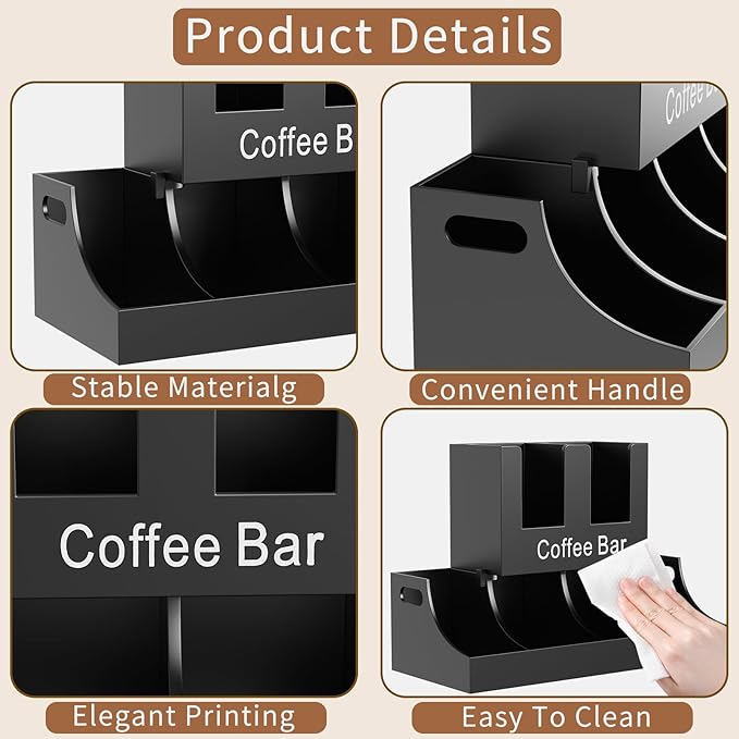 Coffee Station Organizer, Wooden Coffee Bar Organizer for Countertop, Condiment and Cup Storage Organizer, Bar Accessories for Kitchen, Office, Home, Black