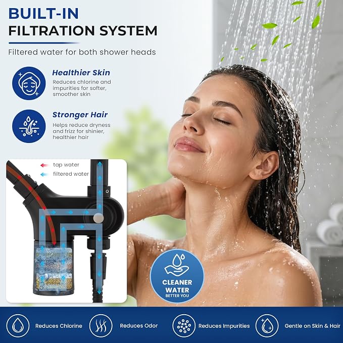 Ryamen Upgraded Dual Shower Heads Combo, 10 inch Filtered Shower Head with Handheld, 3-Way Rain Shower Head with Filters, 7 Settings Handheld Spray, High Pressure, Height Adjustable (Black)