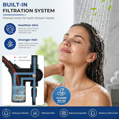 Ryamen Upgraded Dual Shower Heads Combo, 10 inch Filtered Shower Head with Handheld, 3-Way Rain Shower Head with Filters, 7 Settings Handheld Spray, High Pressure, Height Adjustable (Black)